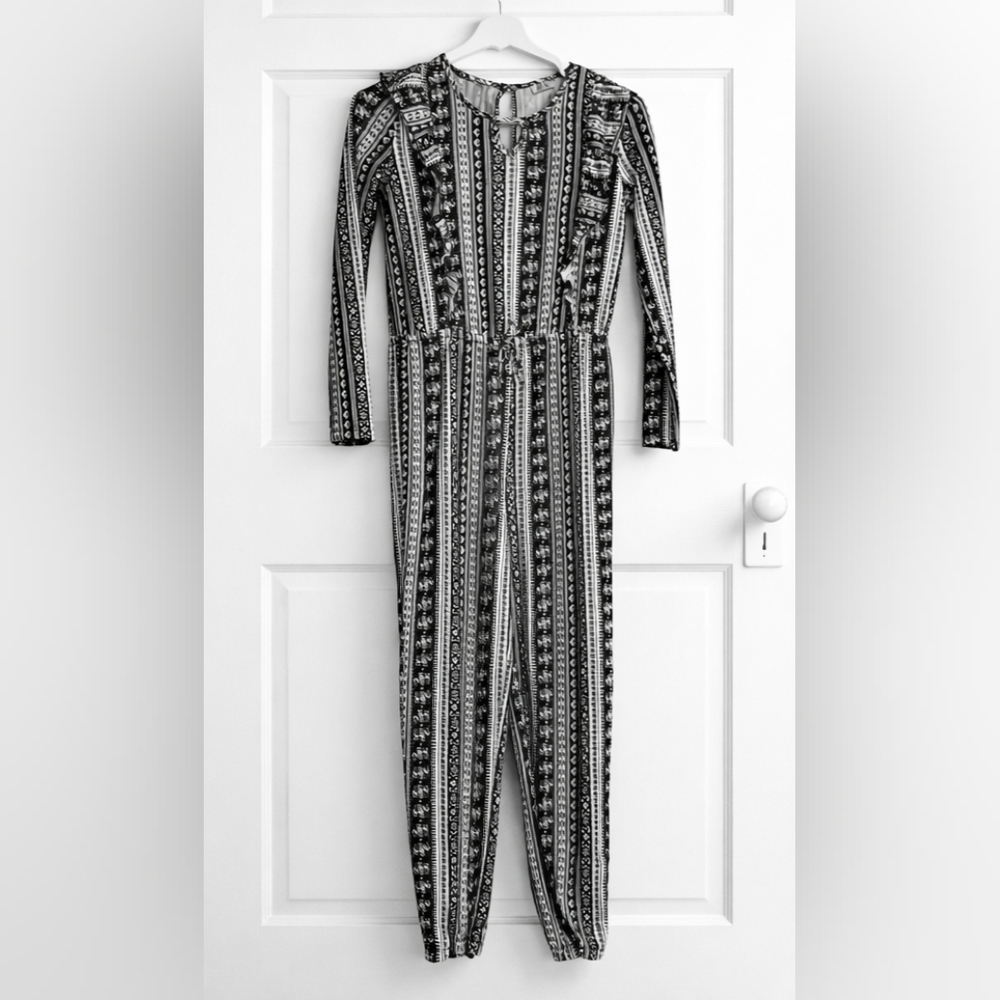 Joey B Kids Girls L Black White Geometric Print Jumpsuit Long Sleeve Excellent